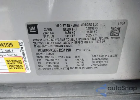 2015 Chevrolet Traverse Ls из США, поврежденный, VIN 1GNKRFKD6FJ231190